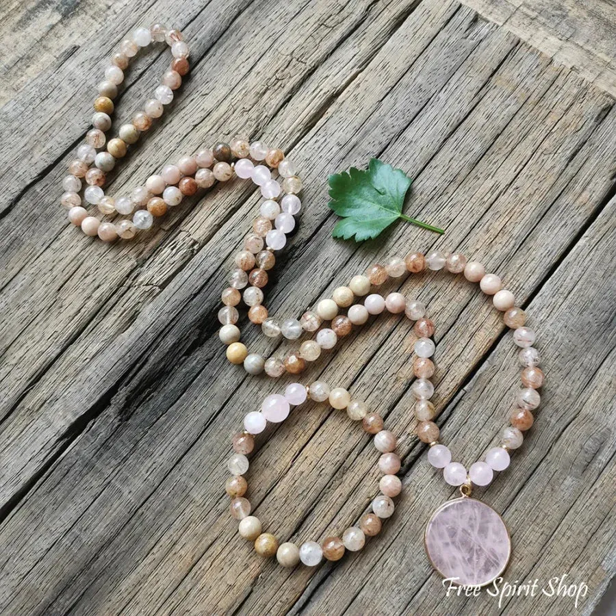 108 Natural Sunstone Rutilated Quartz & Rose Quartz Mala Bead Necklace / Bracelet