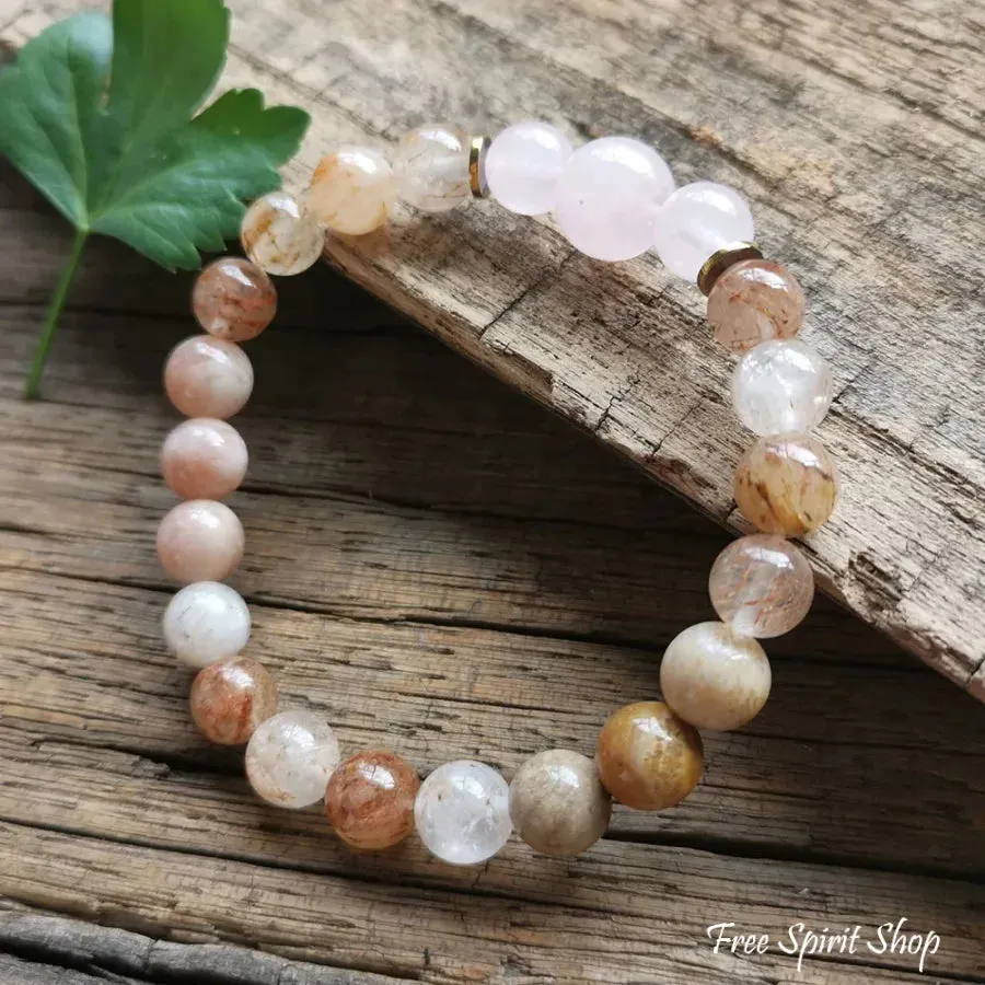 108 Natural Sunstone Rutilated Quartz & Rose Quartz Mala Bead Necklace / Bracelet