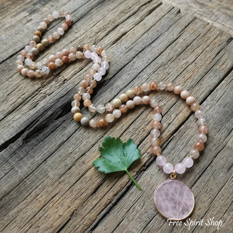 108 Natural Sunstone Rutilated Quartz & Rose Quartz Mala Bead Necklace / Bracelet