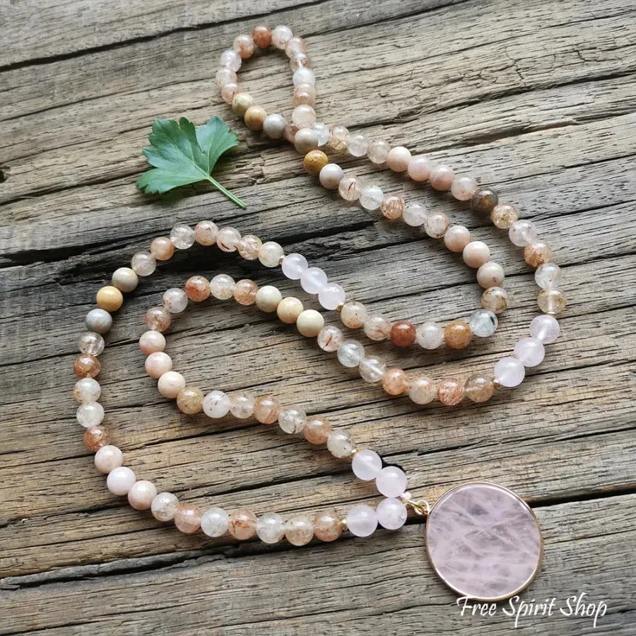 108 Natural Sunstone Rutilated Quartz & Rose Quartz Mala Bead Necklace / Bracelet