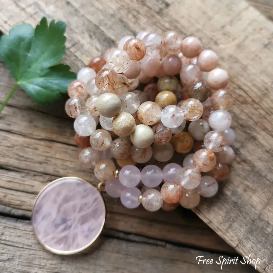 108 Natural Sunstone Rutilated Quartz & Rose Quartz Mala Bead Necklace / Bracelet