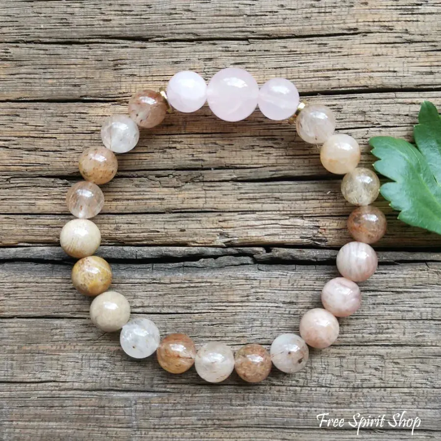 108 Natural Sunstone Rutilated Quartz & Rose Quartz Mala Bead Necklace / Bracelet