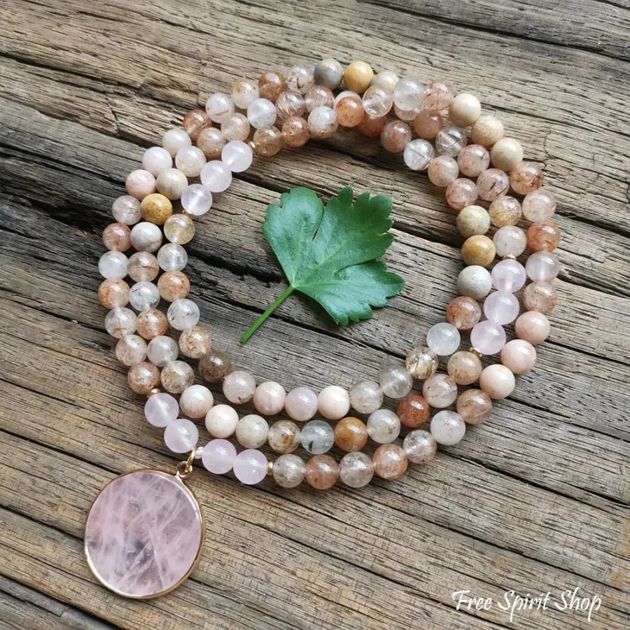 108 Natural Sunstone Rutilated Quartz & Rose Quartz Mala Bead Necklace / Bracelet