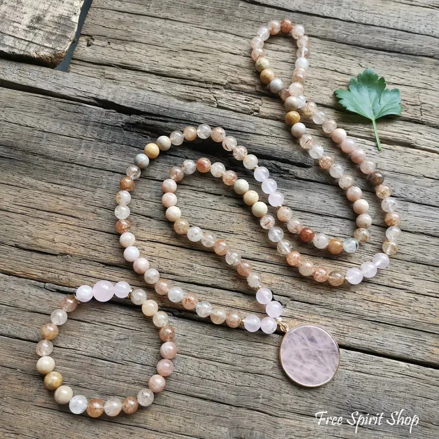 108 Natural Sunstone Rutilated Quartz & Rose Quartz Mala Bead Necklace / Bracelet