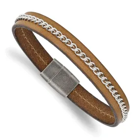 10mm Stainless Steel & Brown Leather Chain Inlay Bracelet, 8.25 Inch