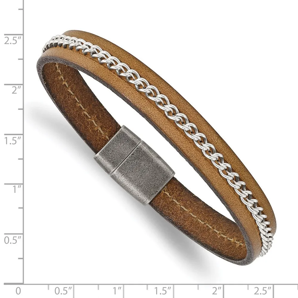 10mm Stainless Steel & Brown Leather Chain Inlay Bracelet, 8.25 Inch