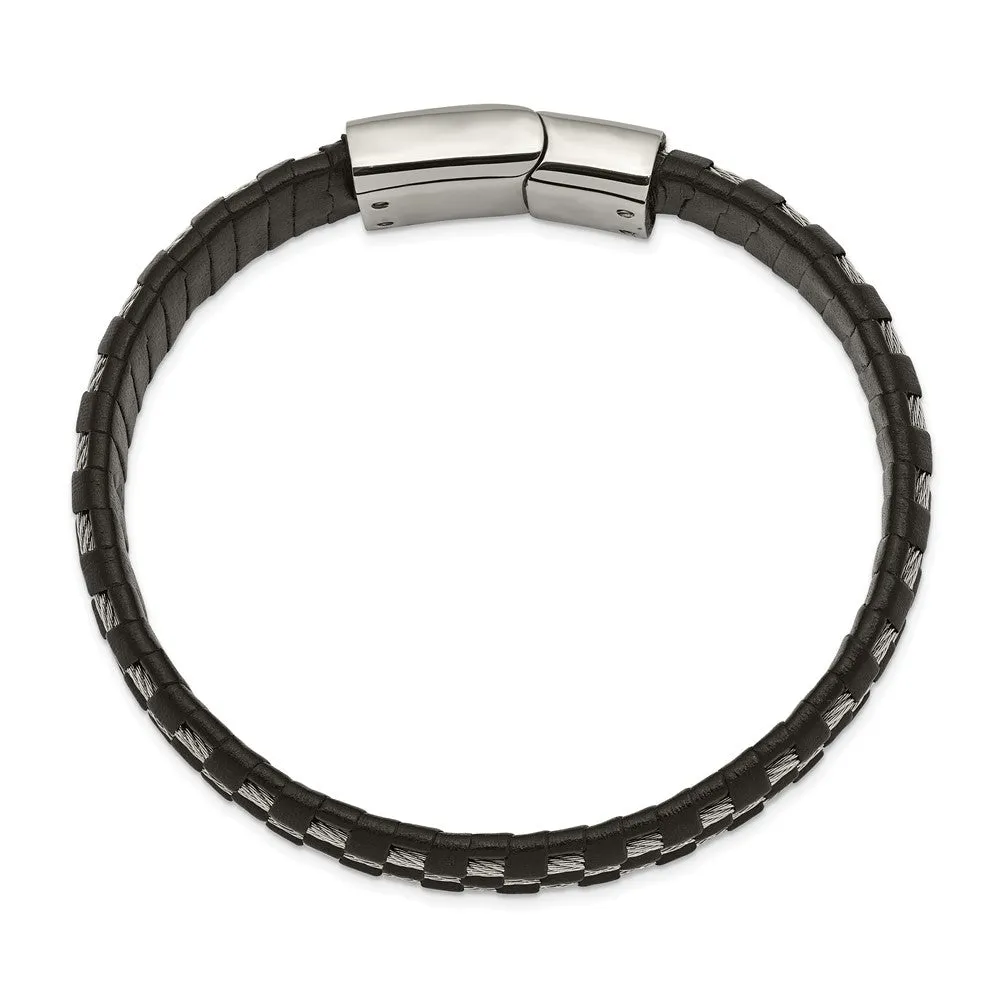 12.3mm Stainless Steel Black Leather and Wire Bracelet, 8.5 Inch