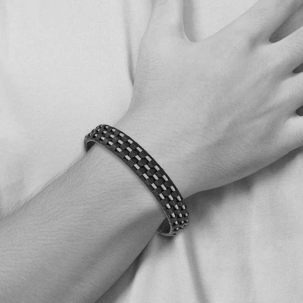 12.3mm Stainless Steel Black Leather and Wire Bracelet, 8.5 Inch