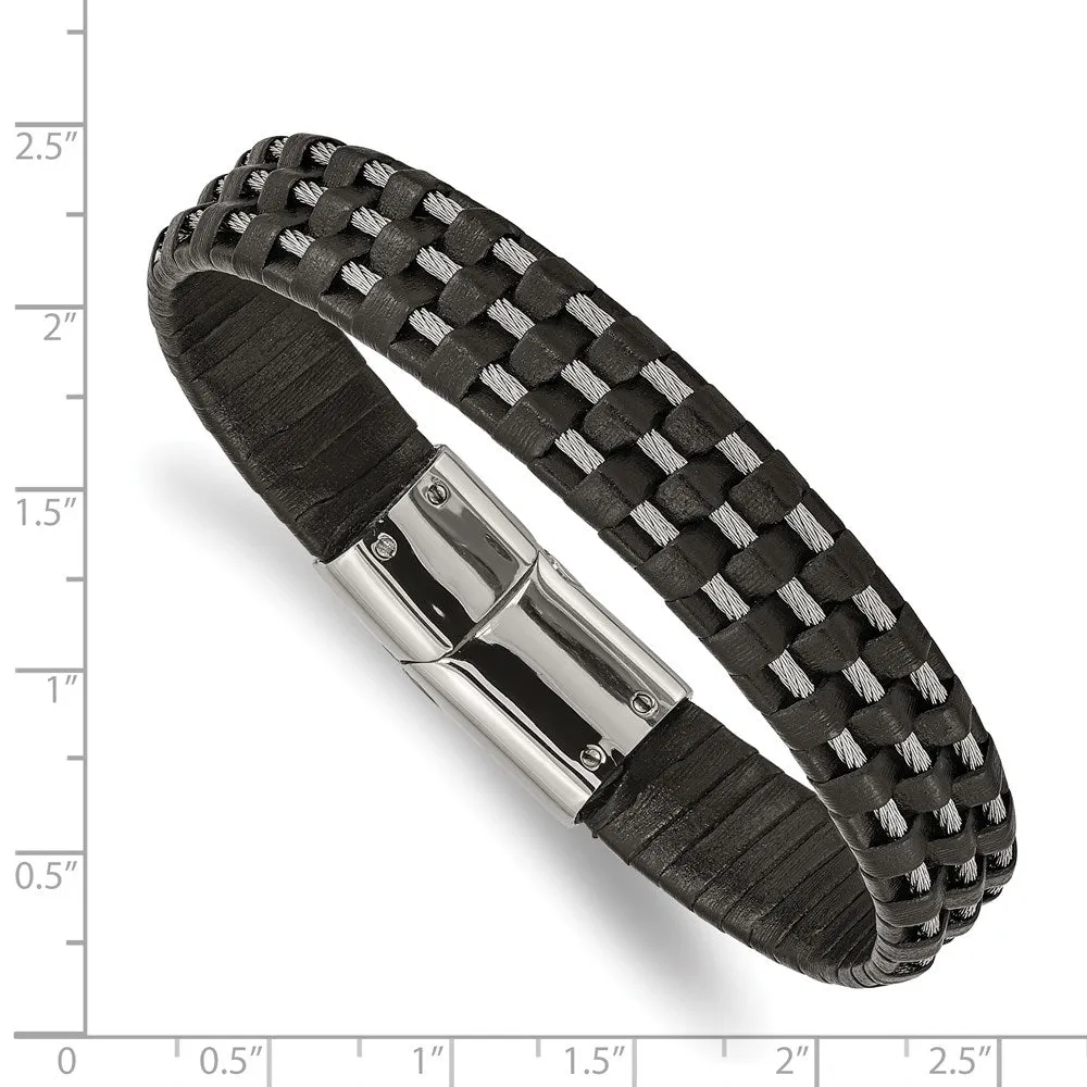 12.3mm Stainless Steel Black Leather and Wire Bracelet, 8.5 Inch