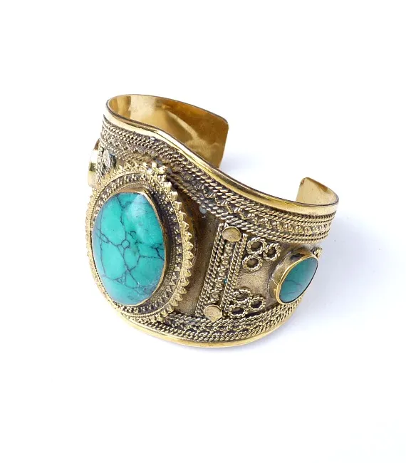 60s vintage boho brass bangle, turquoise stones