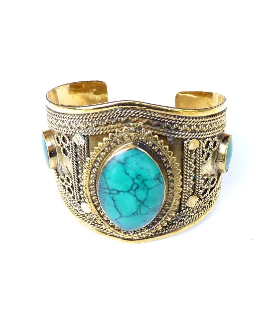 60s vintage boho brass bangle, turquoise stones