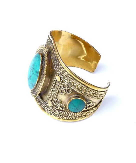 60s vintage boho brass bangle, turquoise stones