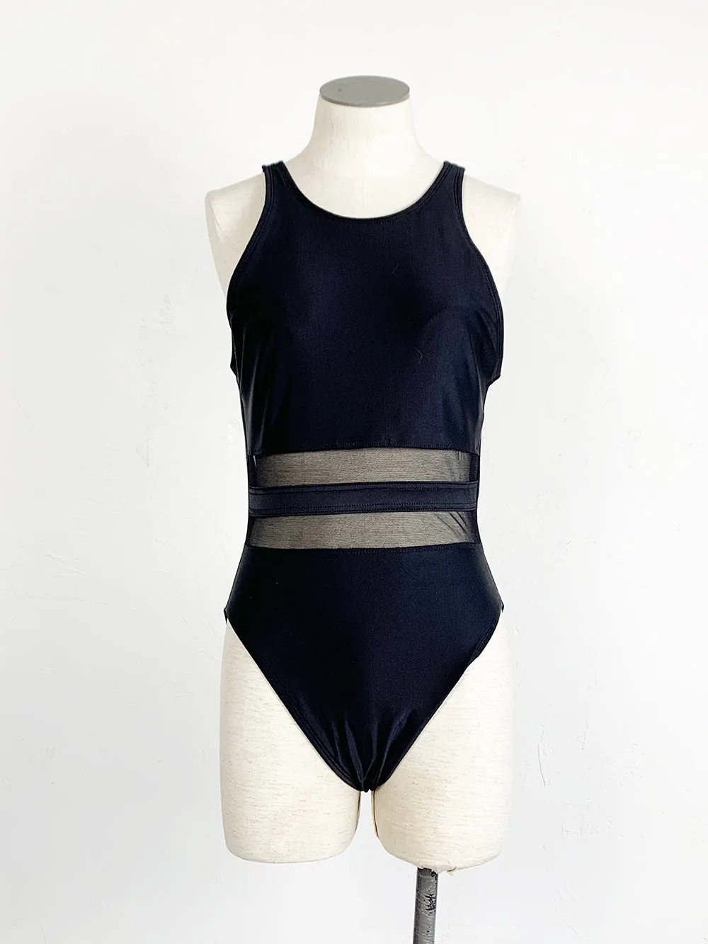 AnneCole Black One Piece Swimsuit With Sheer Stripes