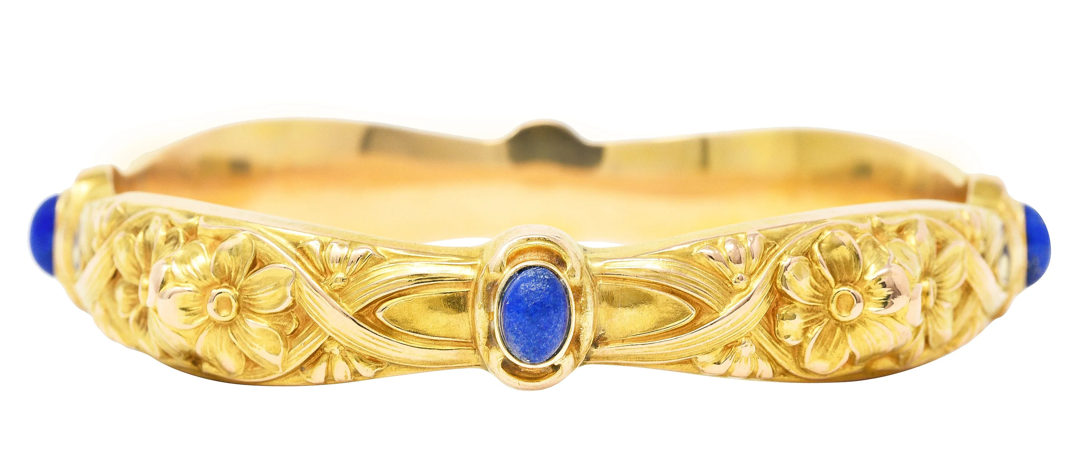 Art Nouveau Lapis Lazuli 14 Karat Yellow Gold Daisy Floral Antique Bangle Bracelet