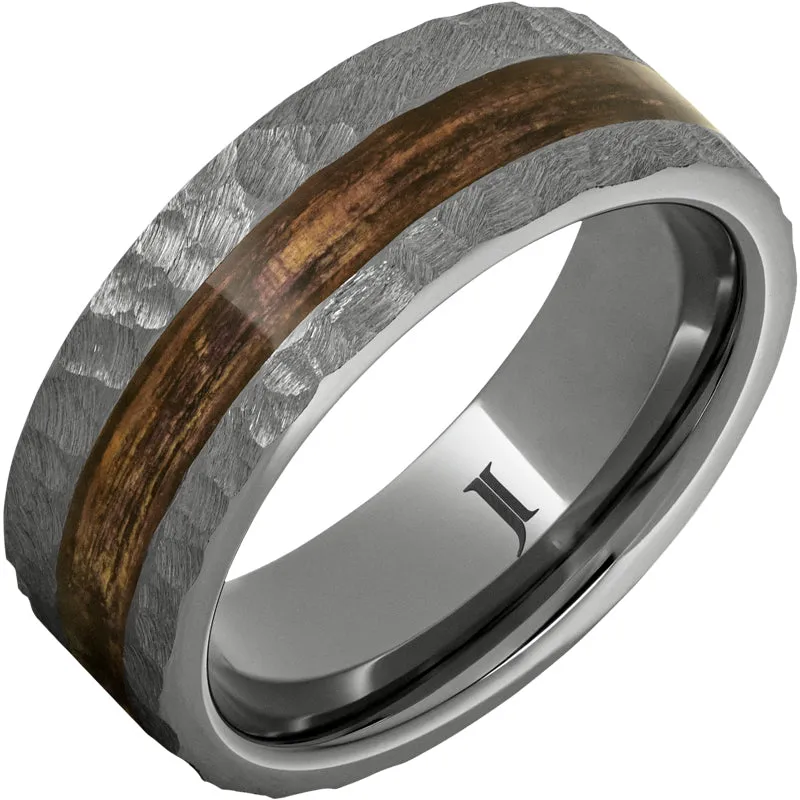 Barrel Aged Rugged Tungsten Ring with Bourbon Wood Inlay and Moon Crater Carving