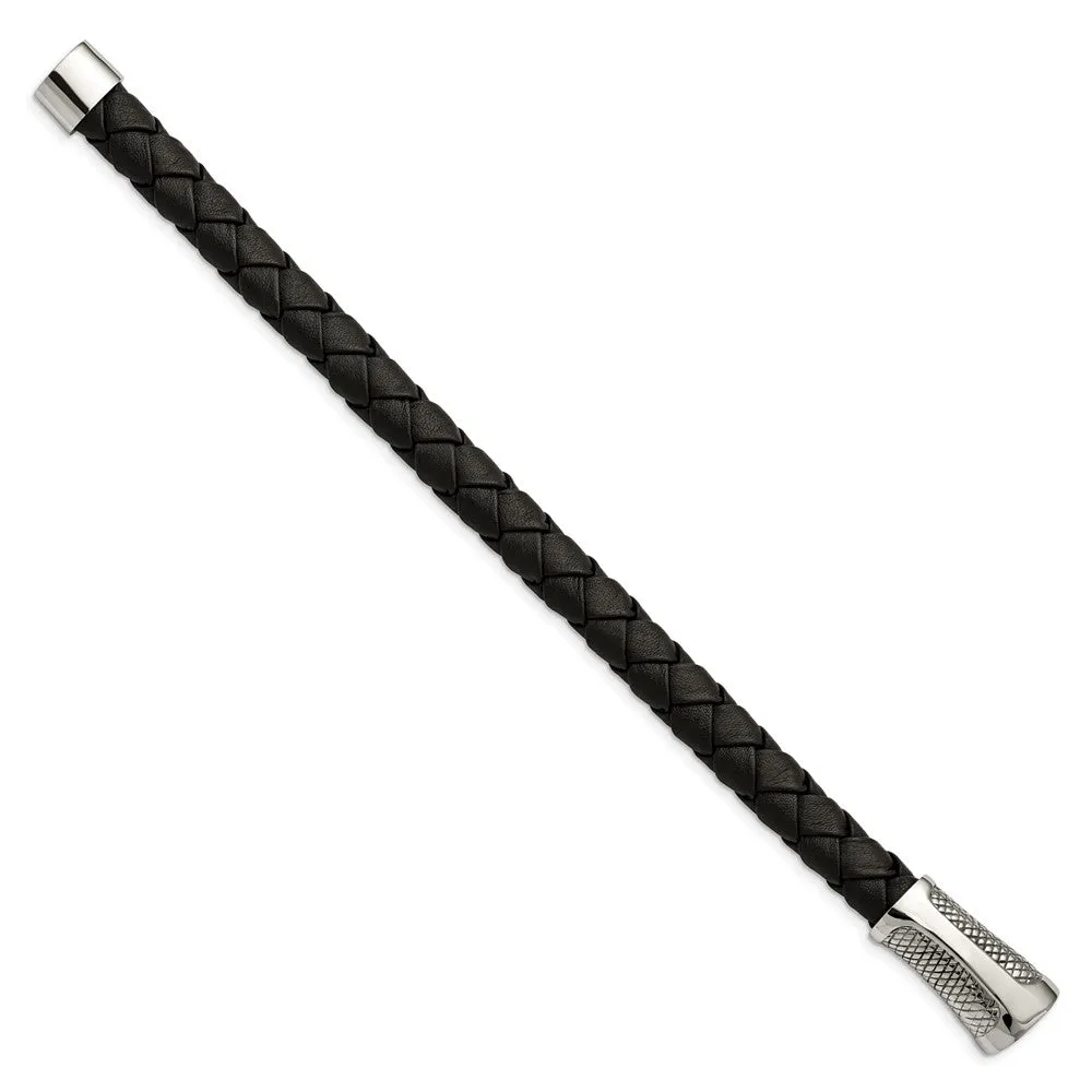 Black Leather Cord & Stainless Steel Magnetic Clasp Bracelet, 8.5 Inch