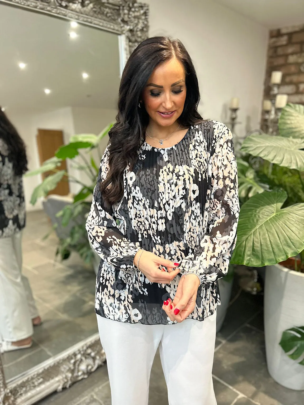 Black Pleated Leopard Blouse Charlotte