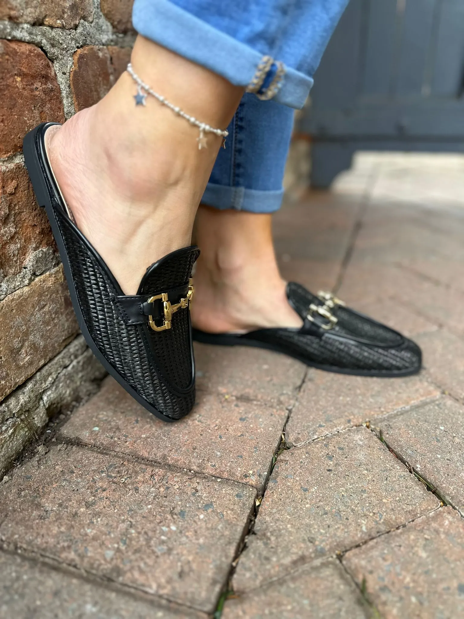 Black Weave Buckle Slip Ons