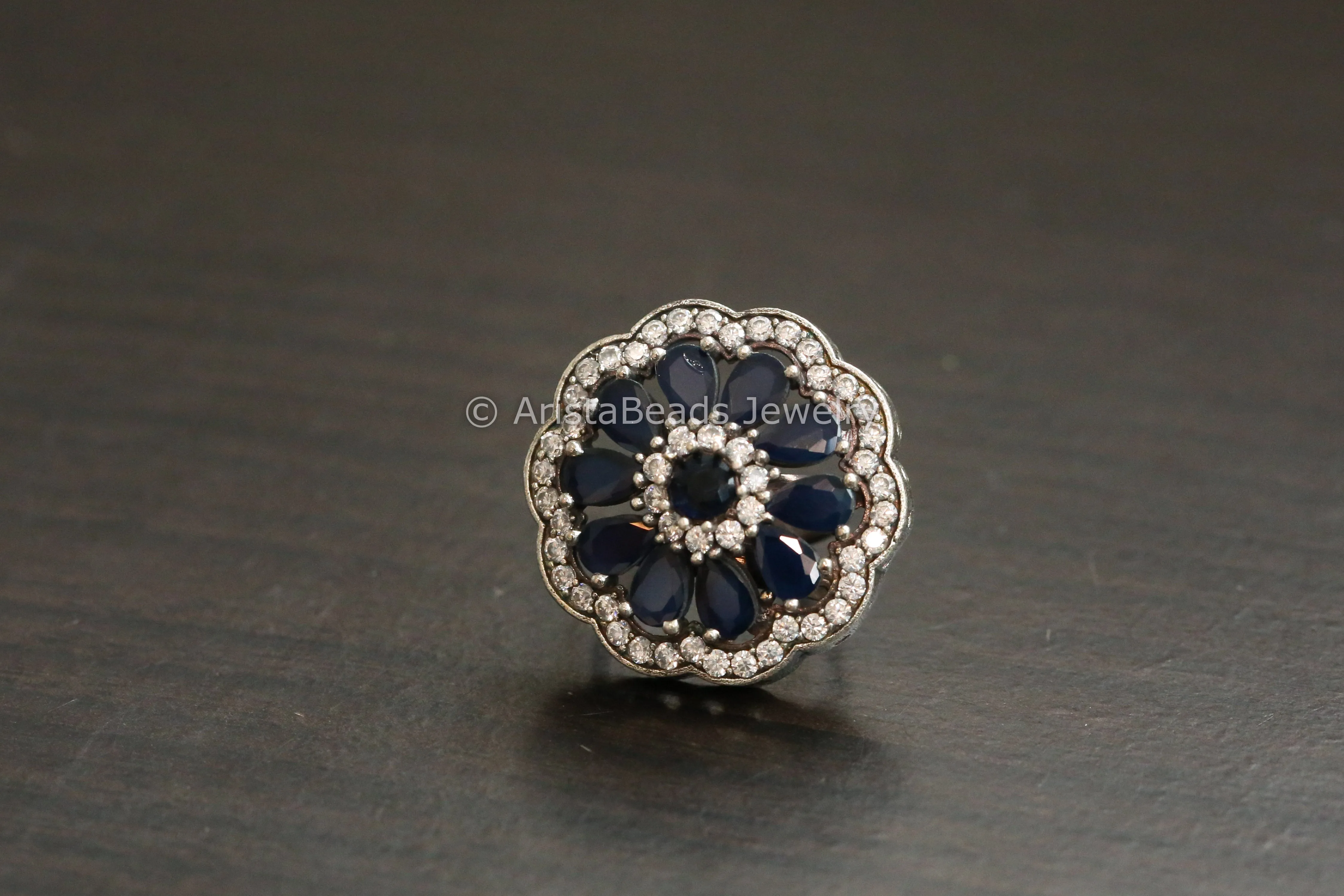 Blue CZ Oxidized Ring - Adjustable