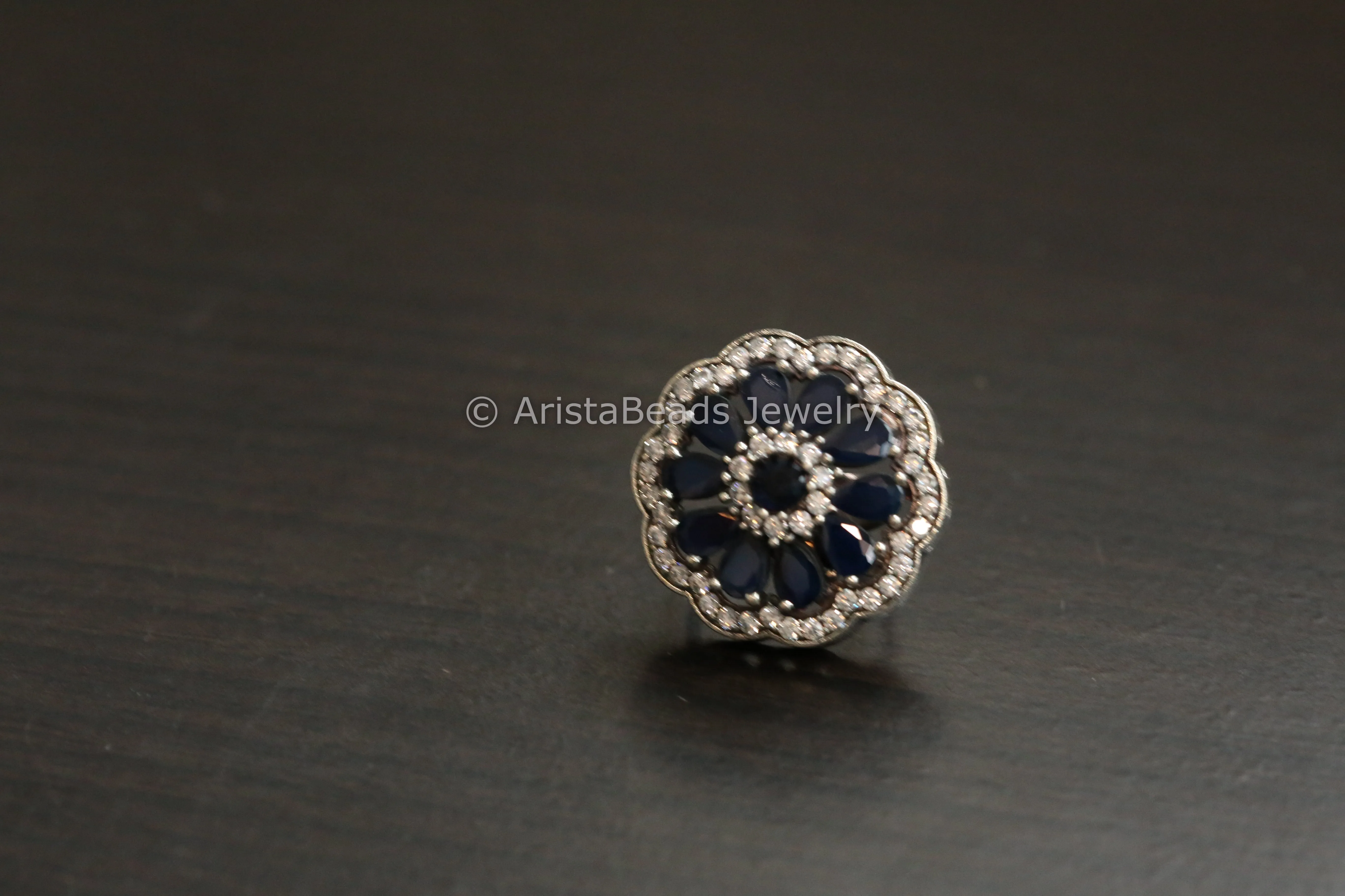 Blue CZ Oxidized Ring - Adjustable