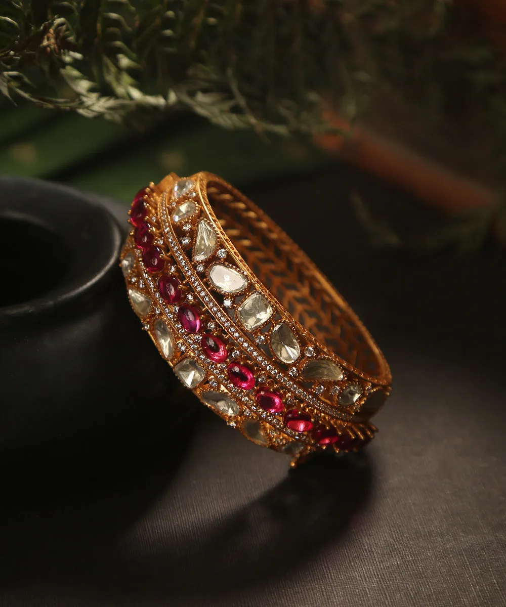 Calah Handcrafted Bangle With Moissanite Polki And Pink Stones