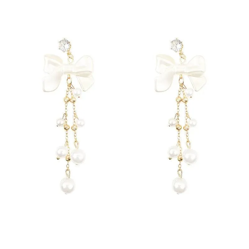 Charming RV128 Sweet Pearl Fresh Drop Earrings: Fashionable Bowknot Dangle Jewelry