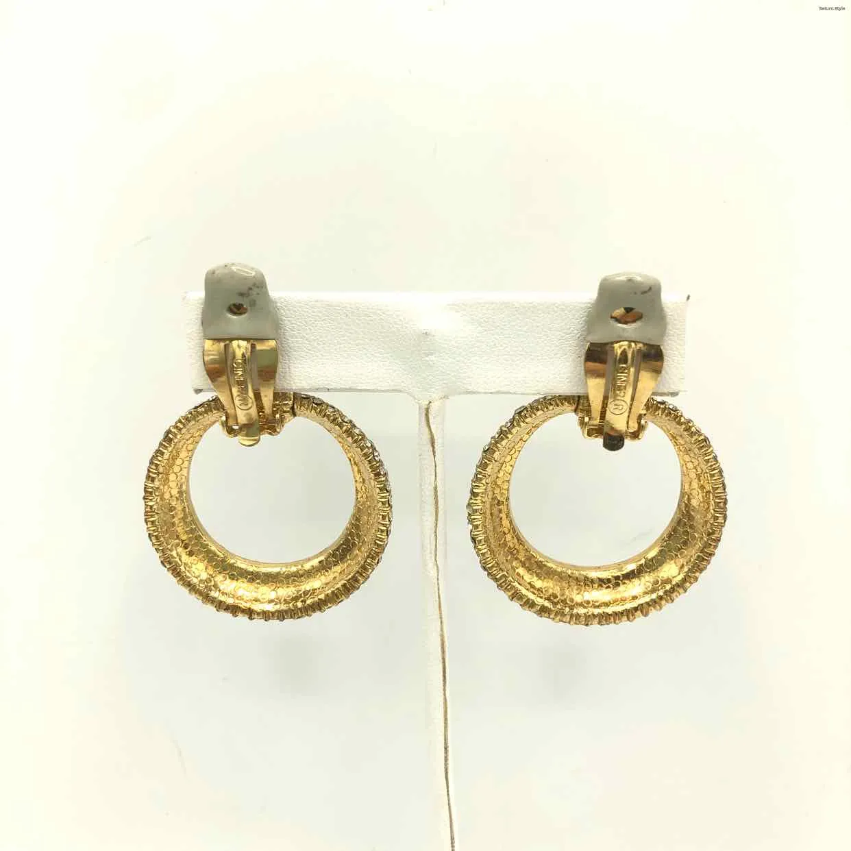 CINER Clear Goldtone Vintage Pave Hoops Clip Ons