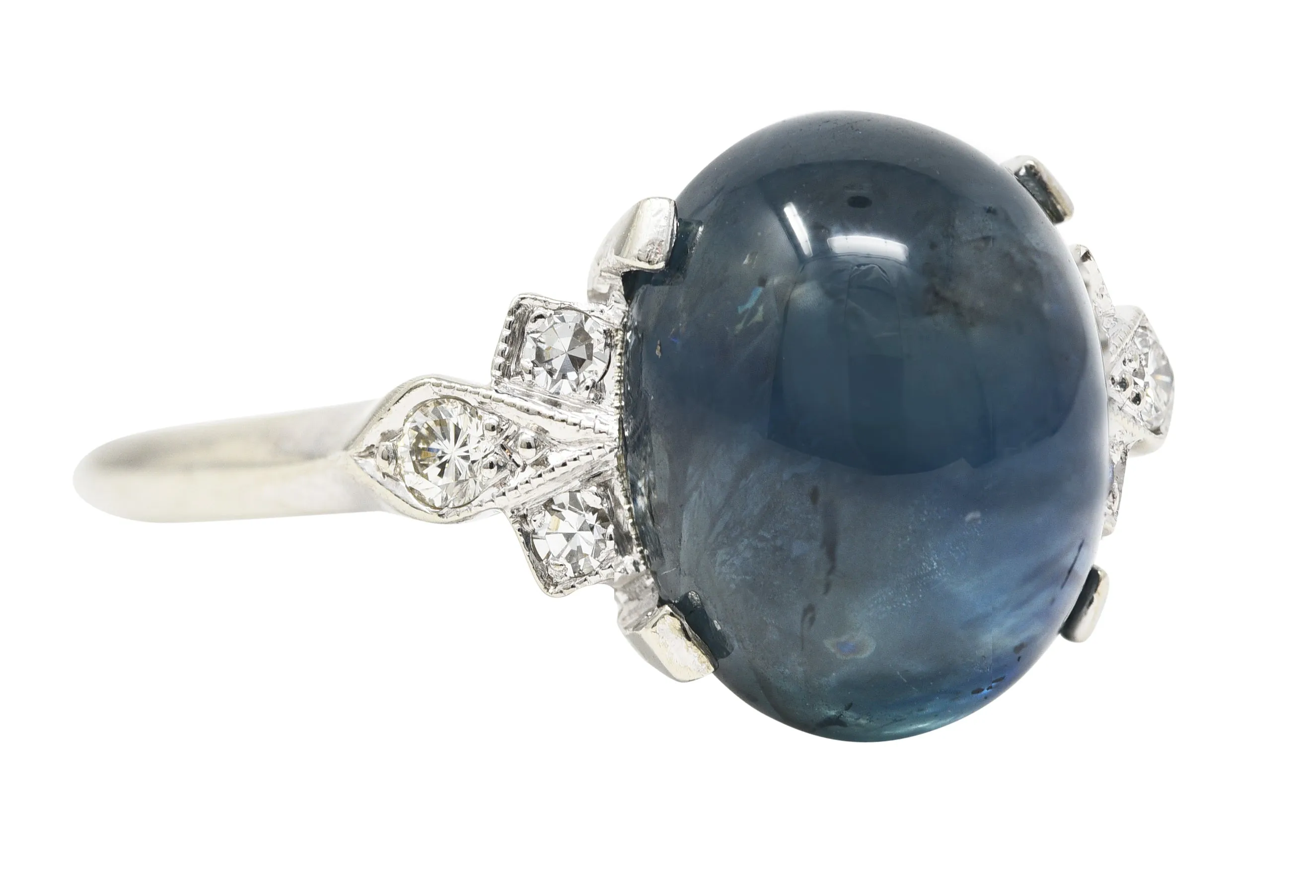 Contemporary 9.80 CTW Sapphire Cabochon Diamond 14 Karat White Gold Gemstone Ring