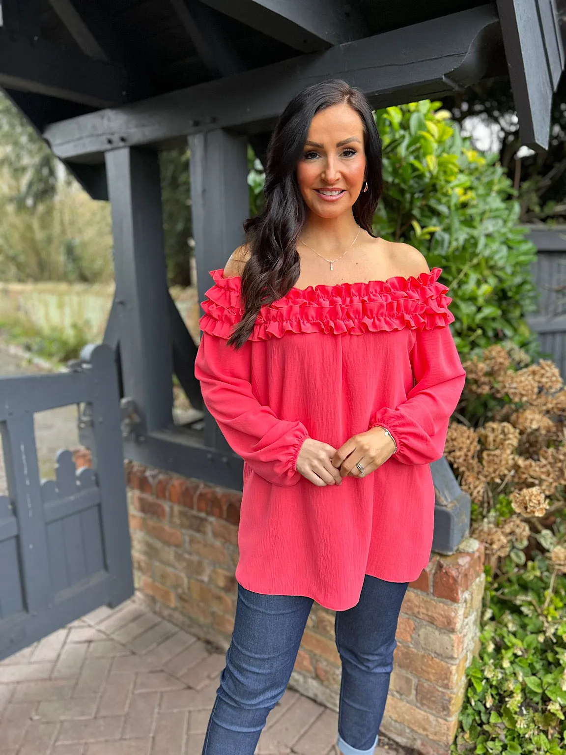 Coral Ruffle Bardot Top Heidi