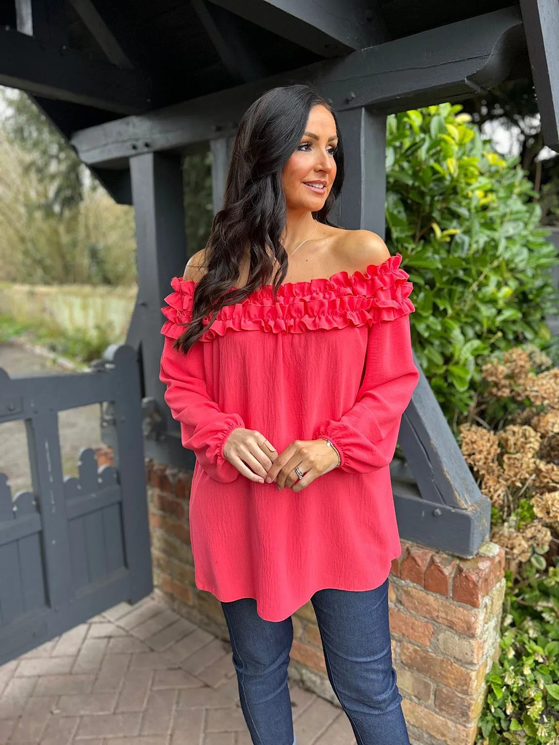 Coral Ruffle Bardot Top Heidi