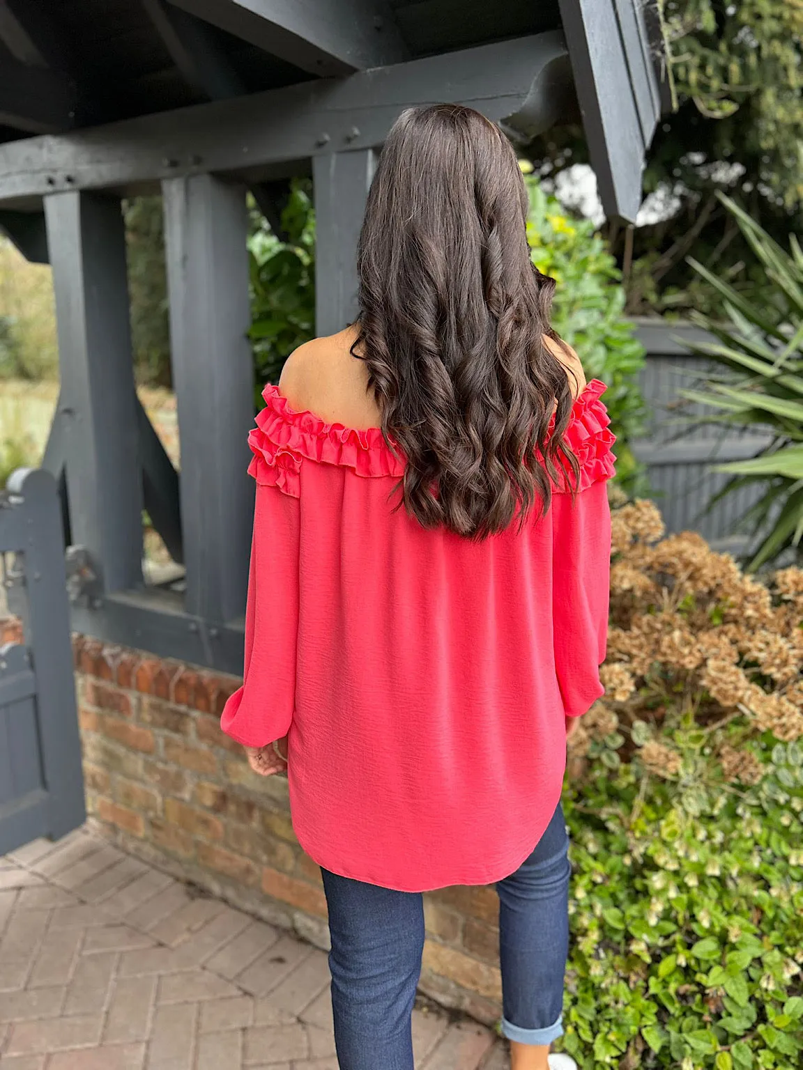 Coral Ruffle Bardot Top Heidi