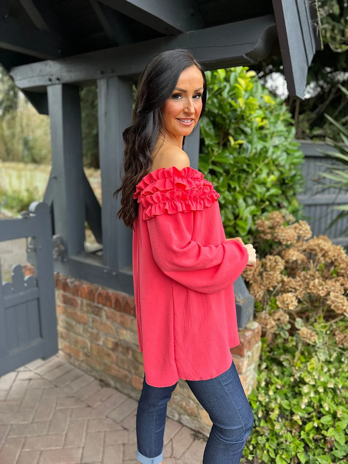 Coral Ruffle Bardot Top Heidi