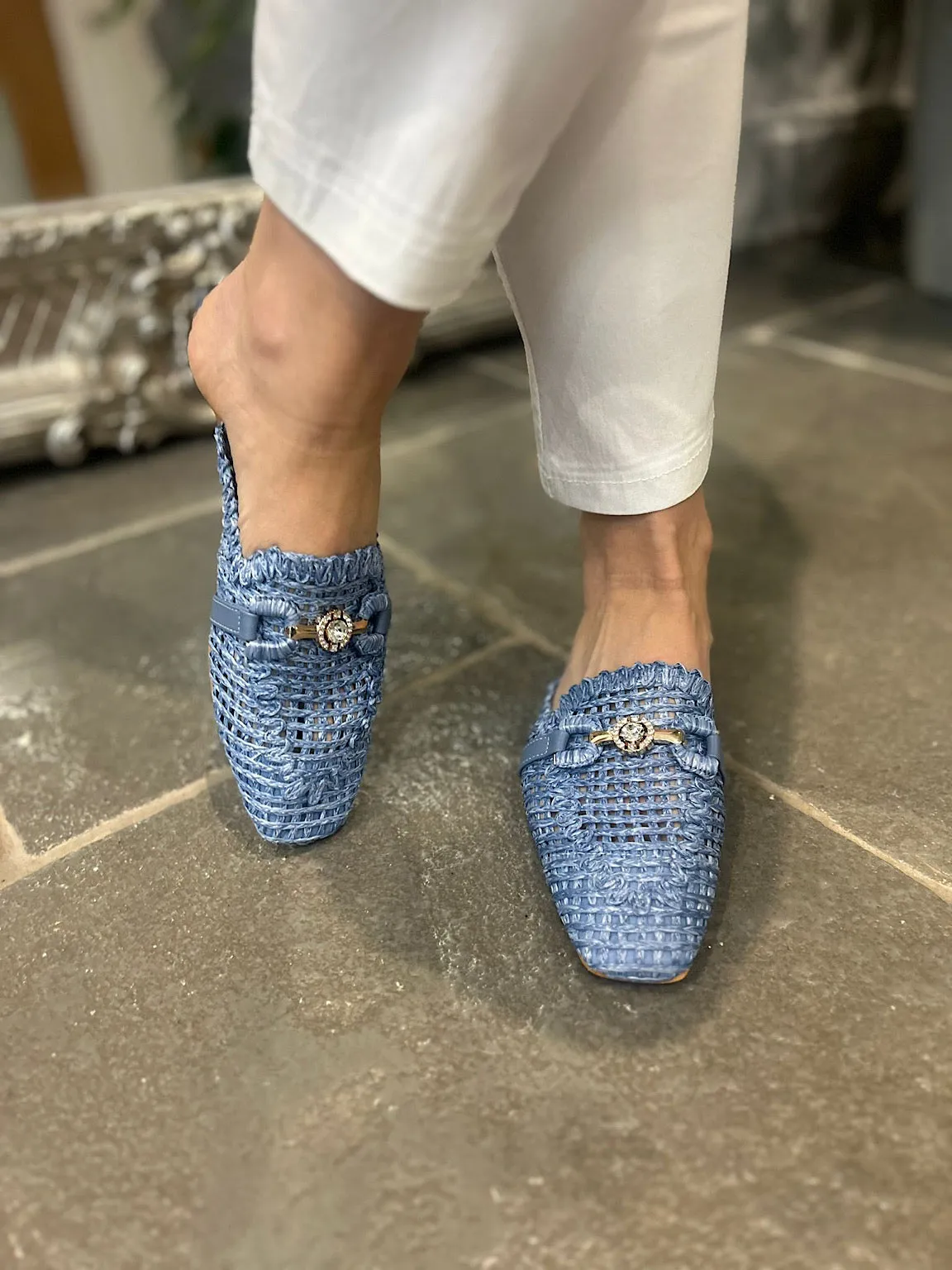 Denim Diamante Detail Slip Ons