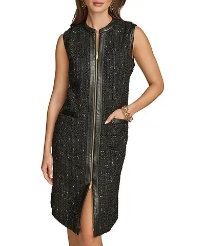 Donna Karan Faux Leather Tweed Shift Dress