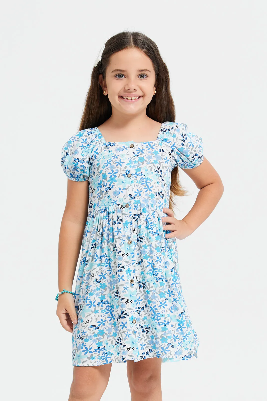 Girls White And Blue Printed Dress