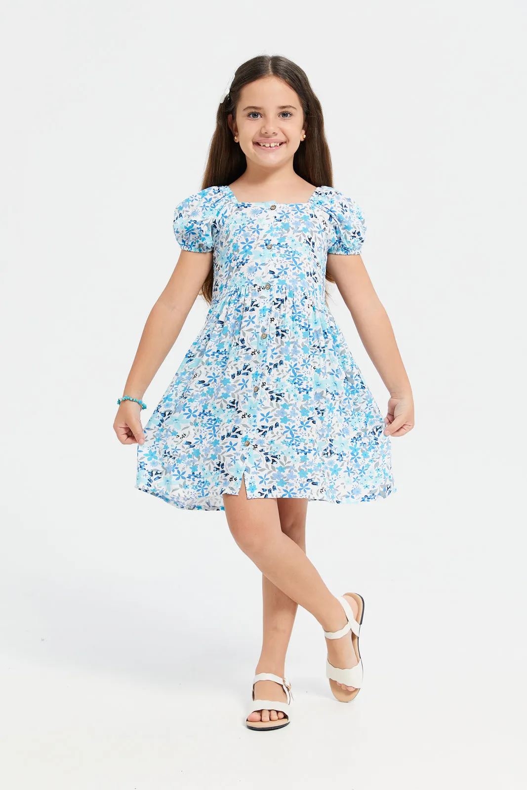 Girls White And Blue Printed Dress