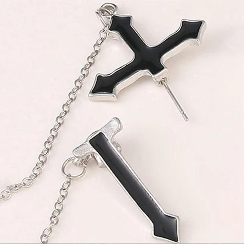 Gothic Punk Black Cross Long Chain Earrings