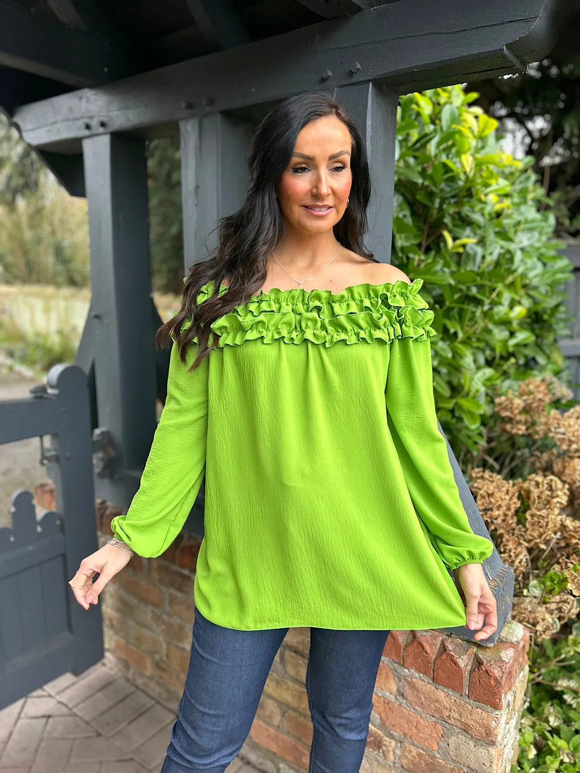 Green Ruffle Bardot Top Heidi