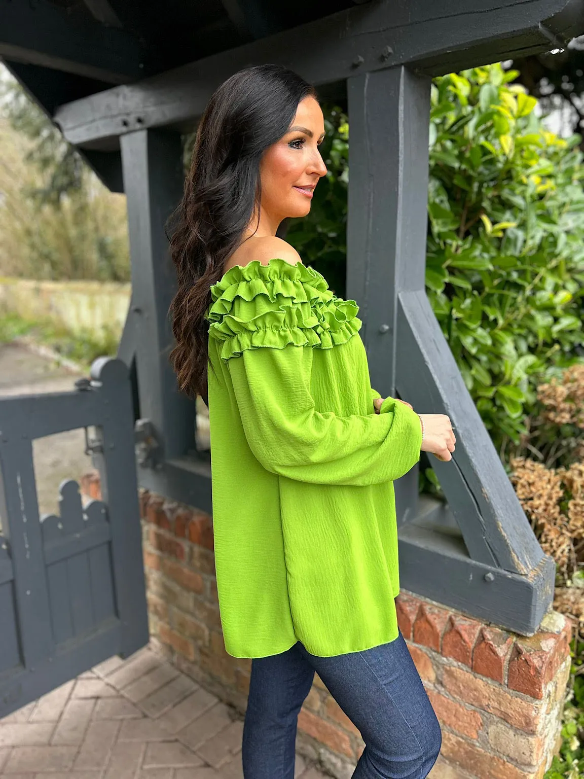 Green Ruffle Bardot Top Heidi