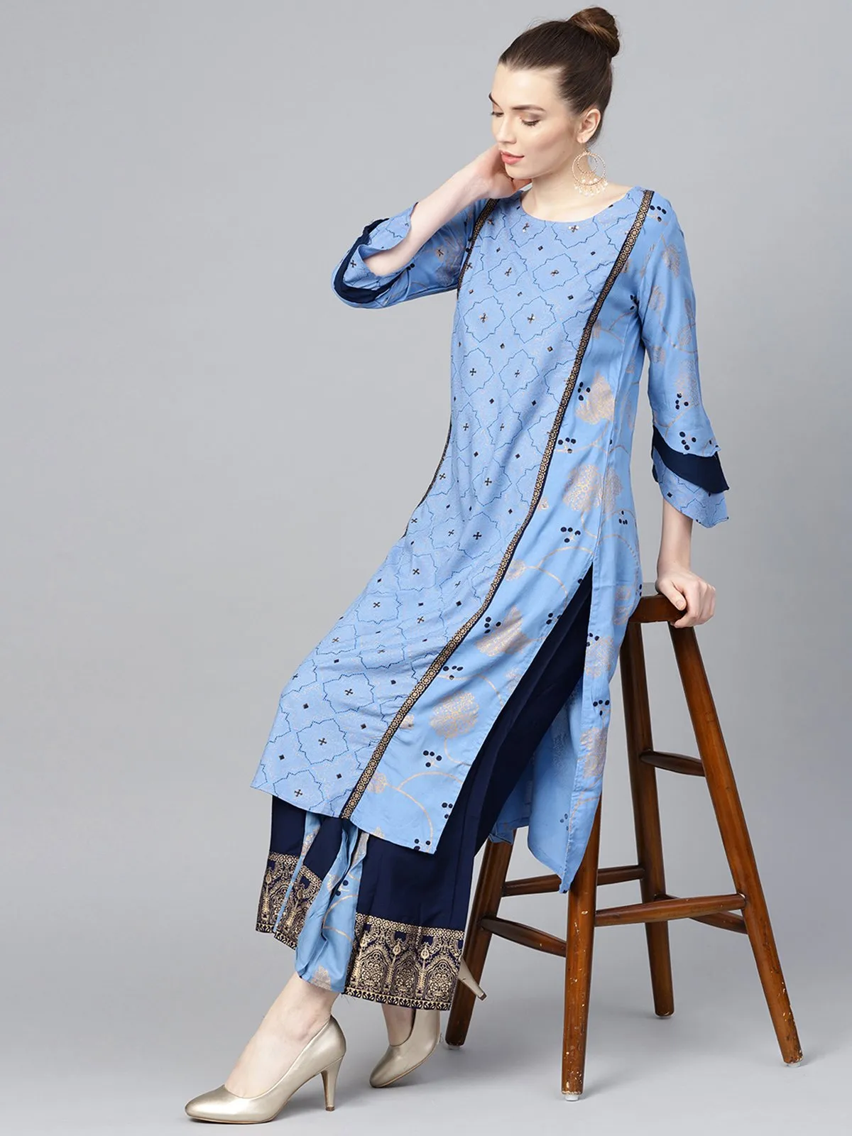 Ishin Women's Rayon Blue Printed A-Line Kurta Palazzo Sets