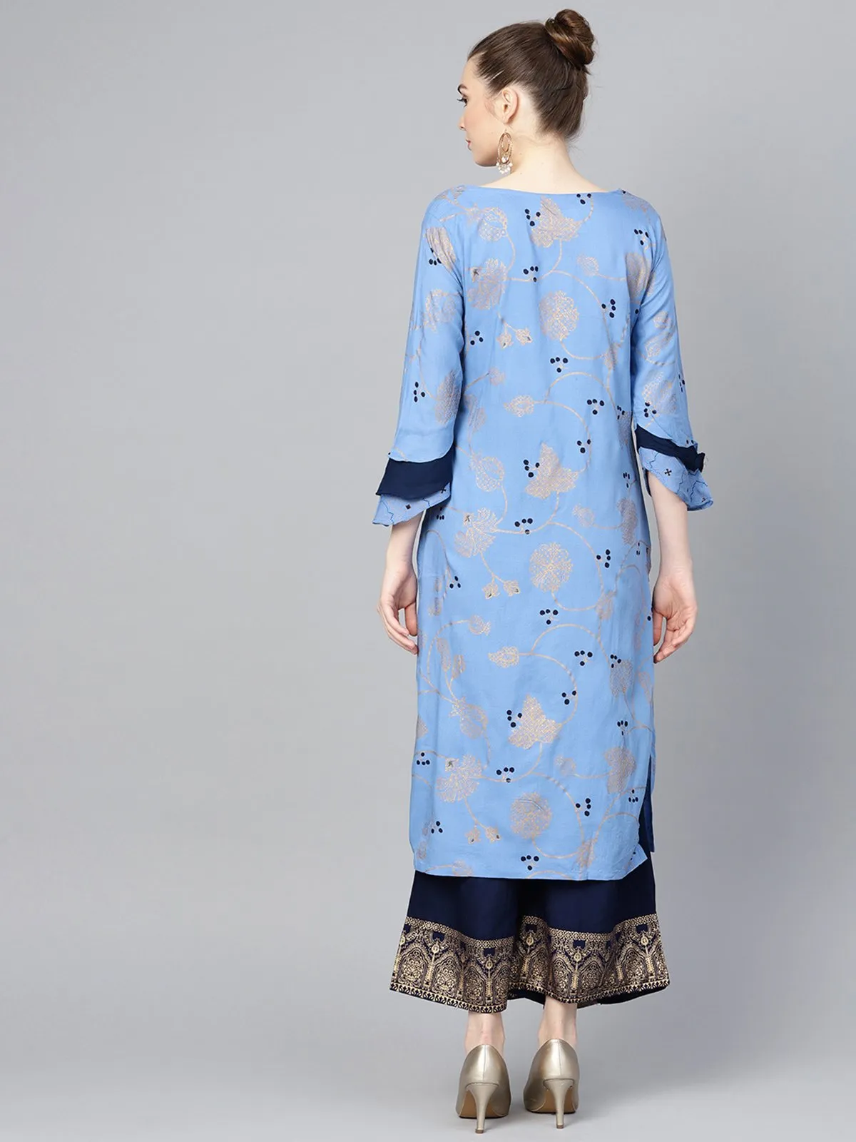 Ishin Women's Rayon Blue Printed A-Line Kurta Palazzo Sets