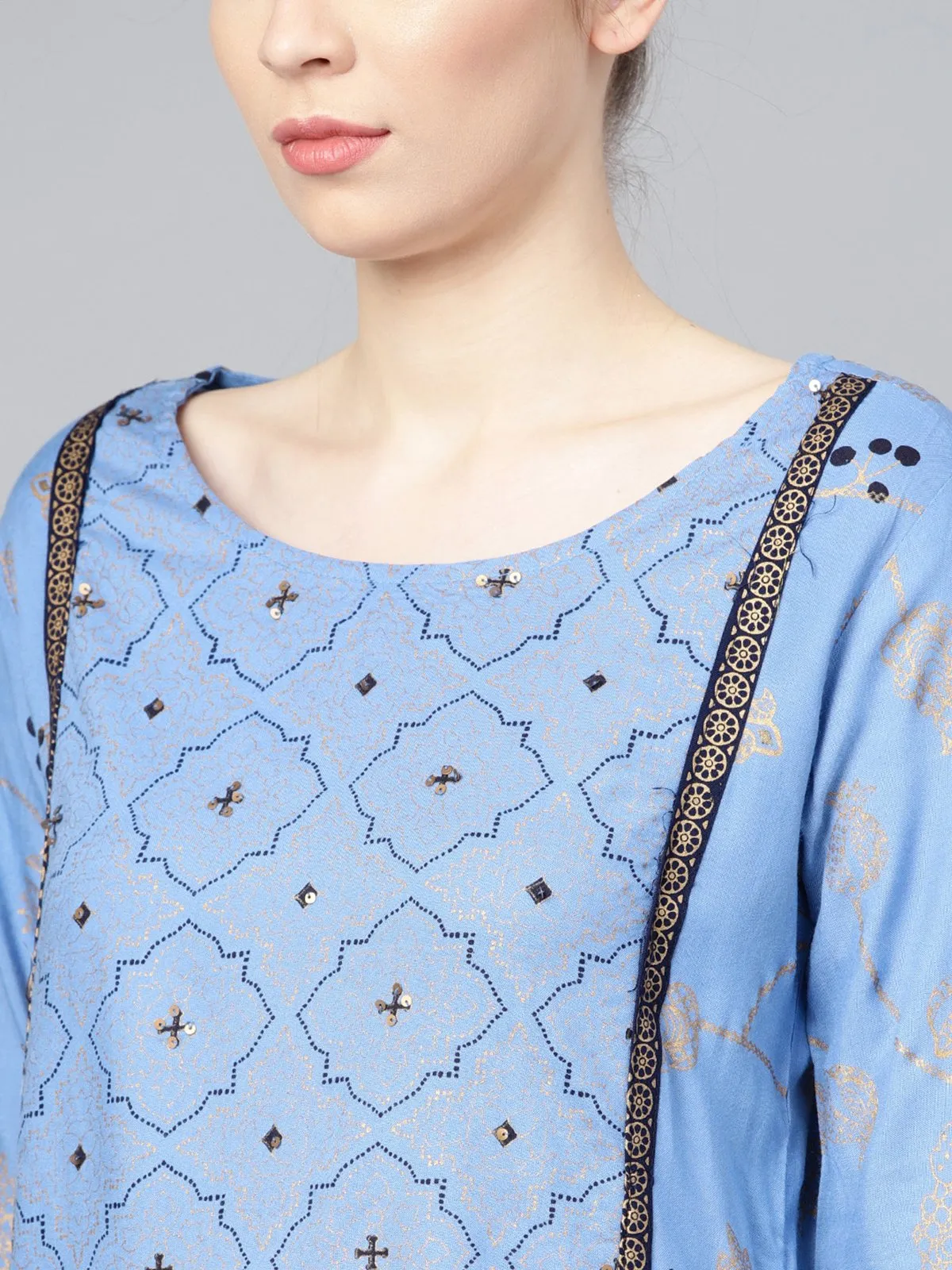 Ishin Women's Rayon Blue Printed A-Line Kurta Palazzo Sets