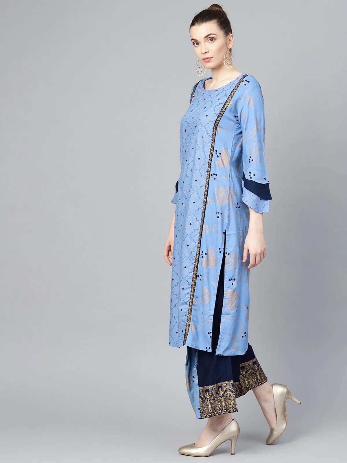 Ishin Women's Rayon Blue Printed A-Line Kurta Palazzo Sets