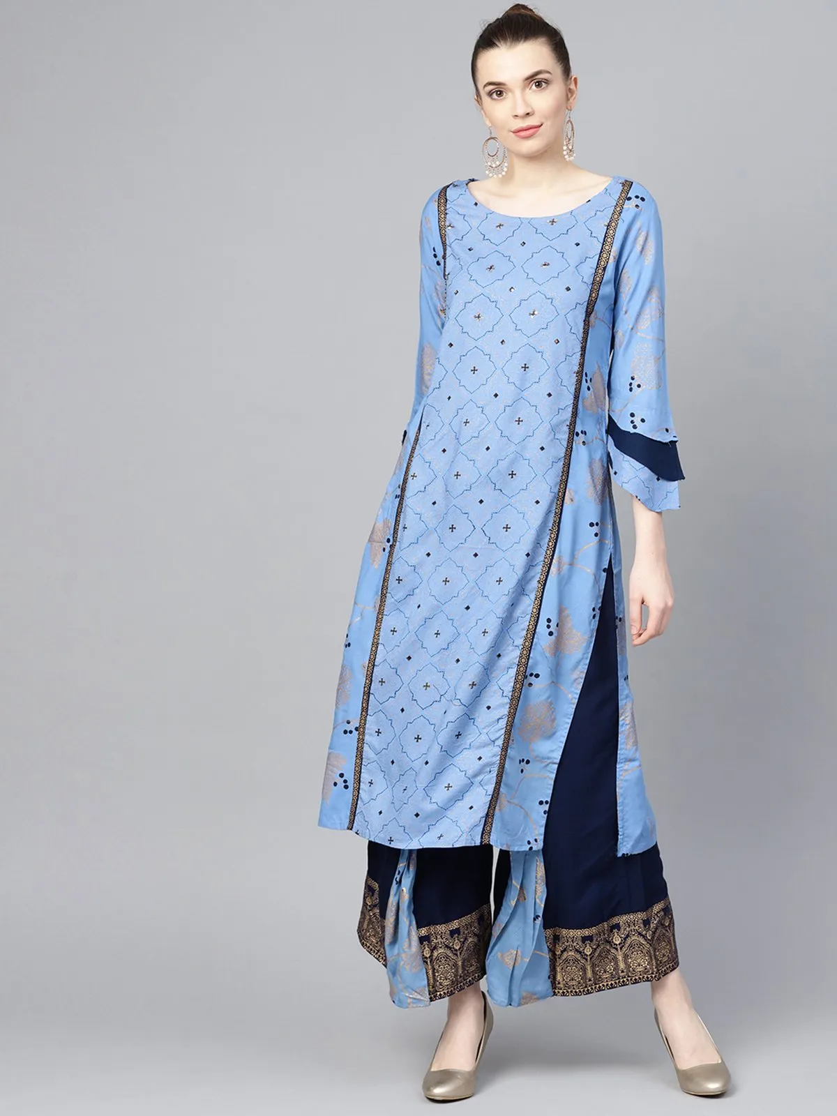 Ishin Women's Rayon Blue Printed A-Line Kurta Palazzo Sets