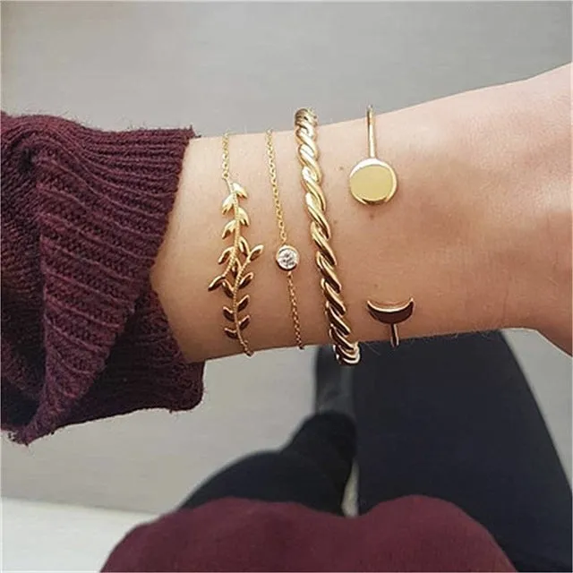 KISS WIFE 5Pcs/Set Fashion Punk Gold Chain Moon Leaf Crystal Geometry Open Bracelet Set Women Charm Beach Jewelry A Direct Sale