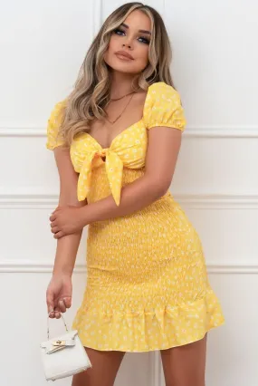 Kiss Yellow  Ditsy  Floral Knot Front Shirred Dress