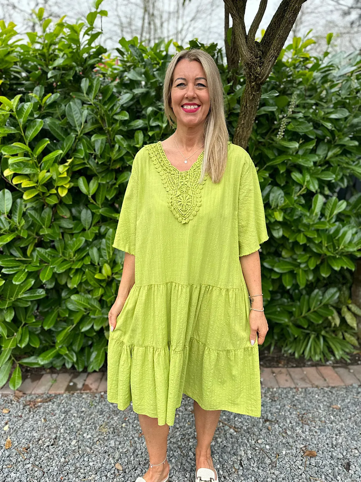 Lime Crochet Tiered Tunic Dress Brenda