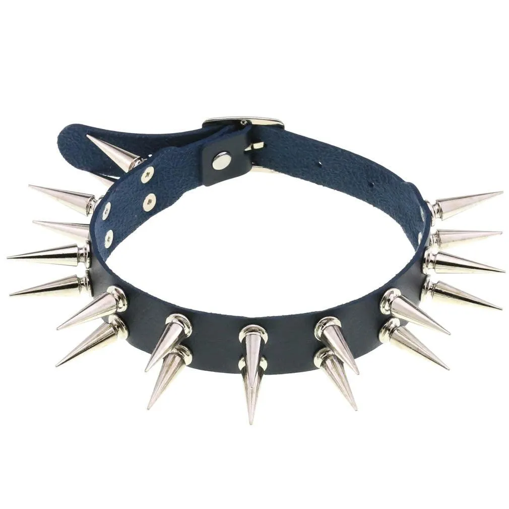 Long Spiked Choker Collar Leather Goth Necklace