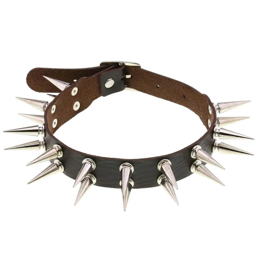 Long Spiked Choker Collar Leather Goth Necklace