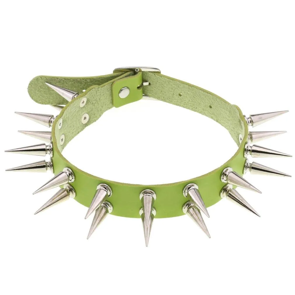 Long Spiked Choker Collar Leather Goth Necklace